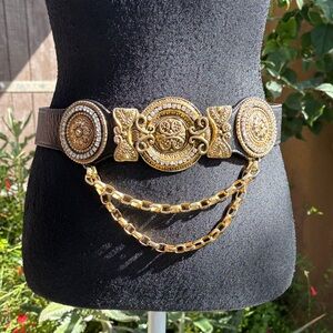 Streets Ahead Black and Gold Ornate Rhinestone Leather Statement Belt Size M